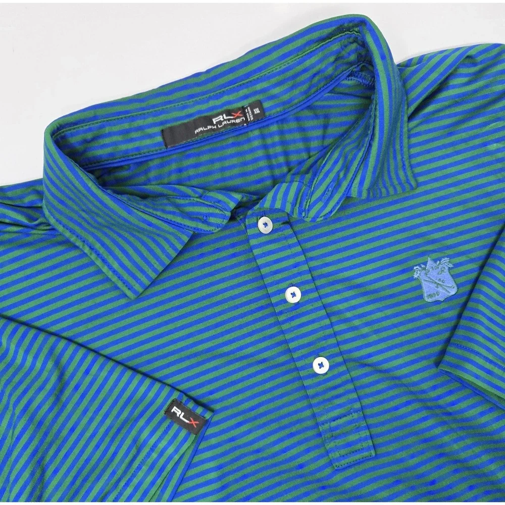 Ralph‎ Lauren RXL Polo Shirt Mens 2XL Golf Blue/Green Striped Casual Preppy
